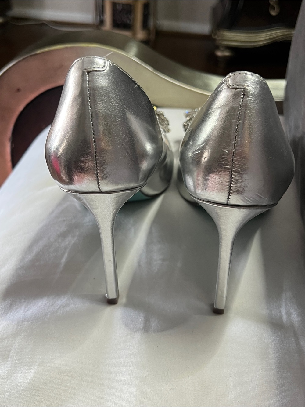 Betsey Johnson Silver Pointed-Toe Pumps with Crystal Embellished Bow - Picture 4 of 5